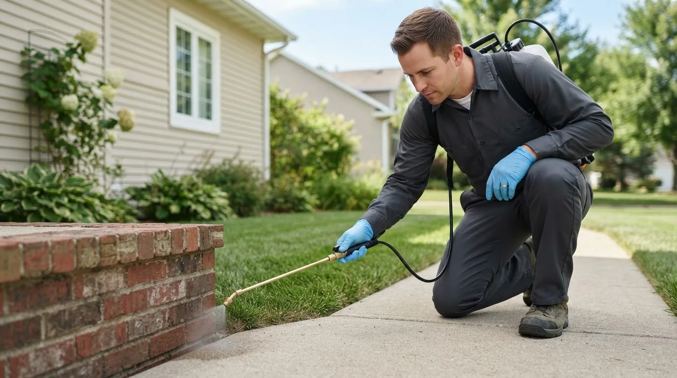 Pest control technician treating a home near Dibble, OK
